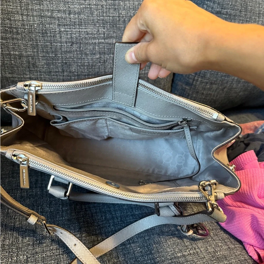 Michael Kors Gray Saffiano Leather Satchel with Silver-Tone Logo Charm